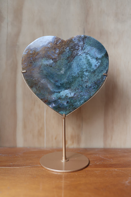 Moss Agate Crystal Heart + Stand (30cm tall)