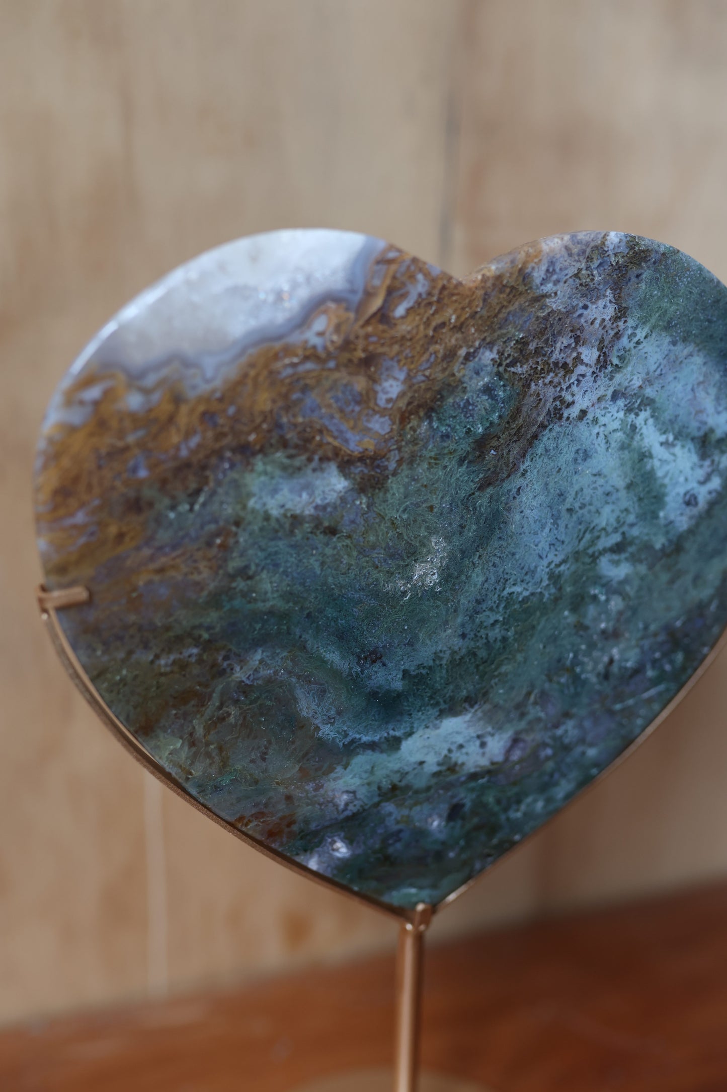 Moss Agate Crystal Heart + Stand (30cm tall)