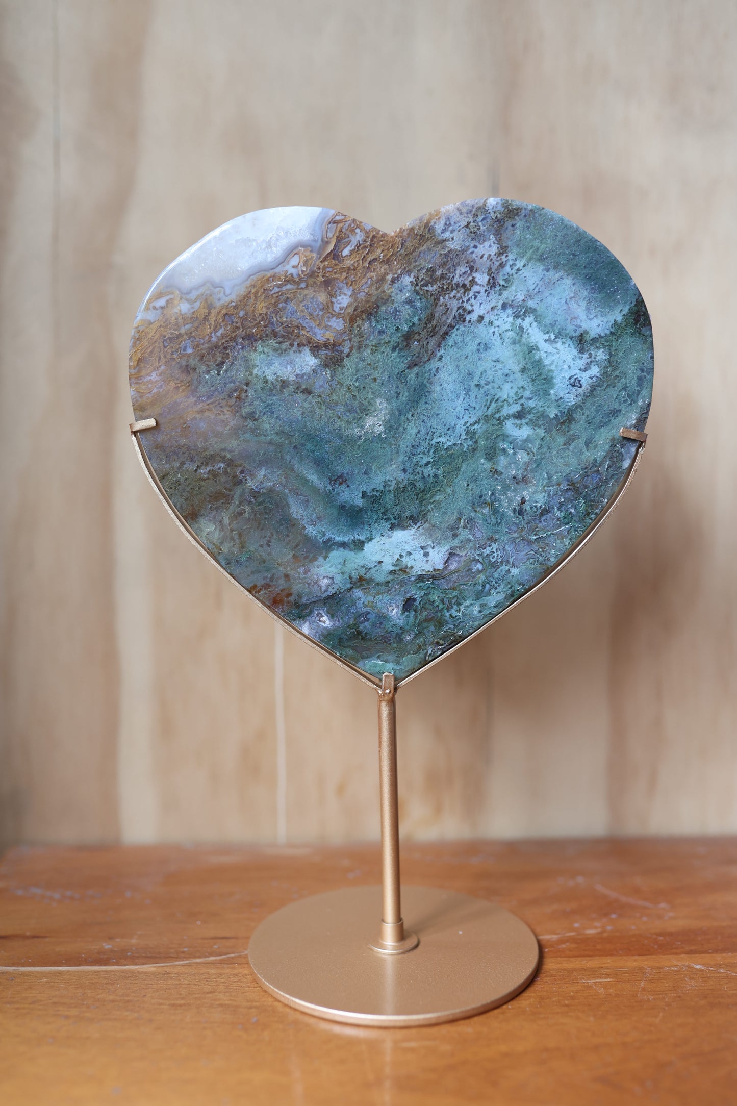 Moss Agate Crystal Heart + Stand (30cm tall)