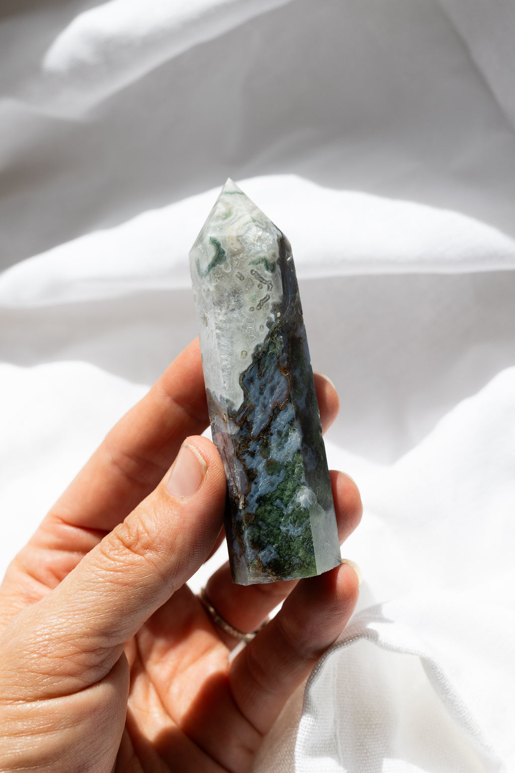 Moss Agate Crystal Point #1 |  Growth • Abundance • Connection