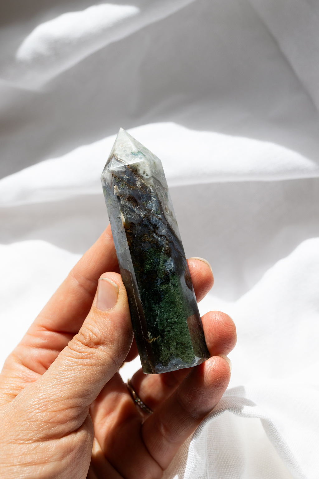 Moss Agate Crystal Point #1 |  Growth • Abundance • Connection