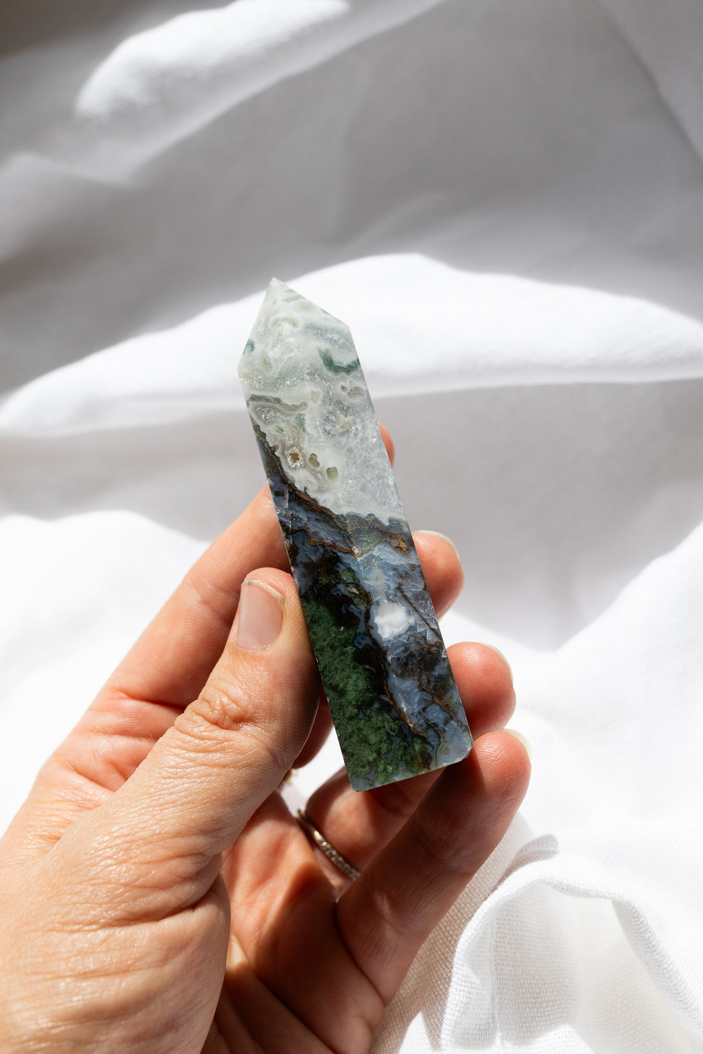 Moss Agate Crystal Point #1 |  Growth • Abundance • Connection