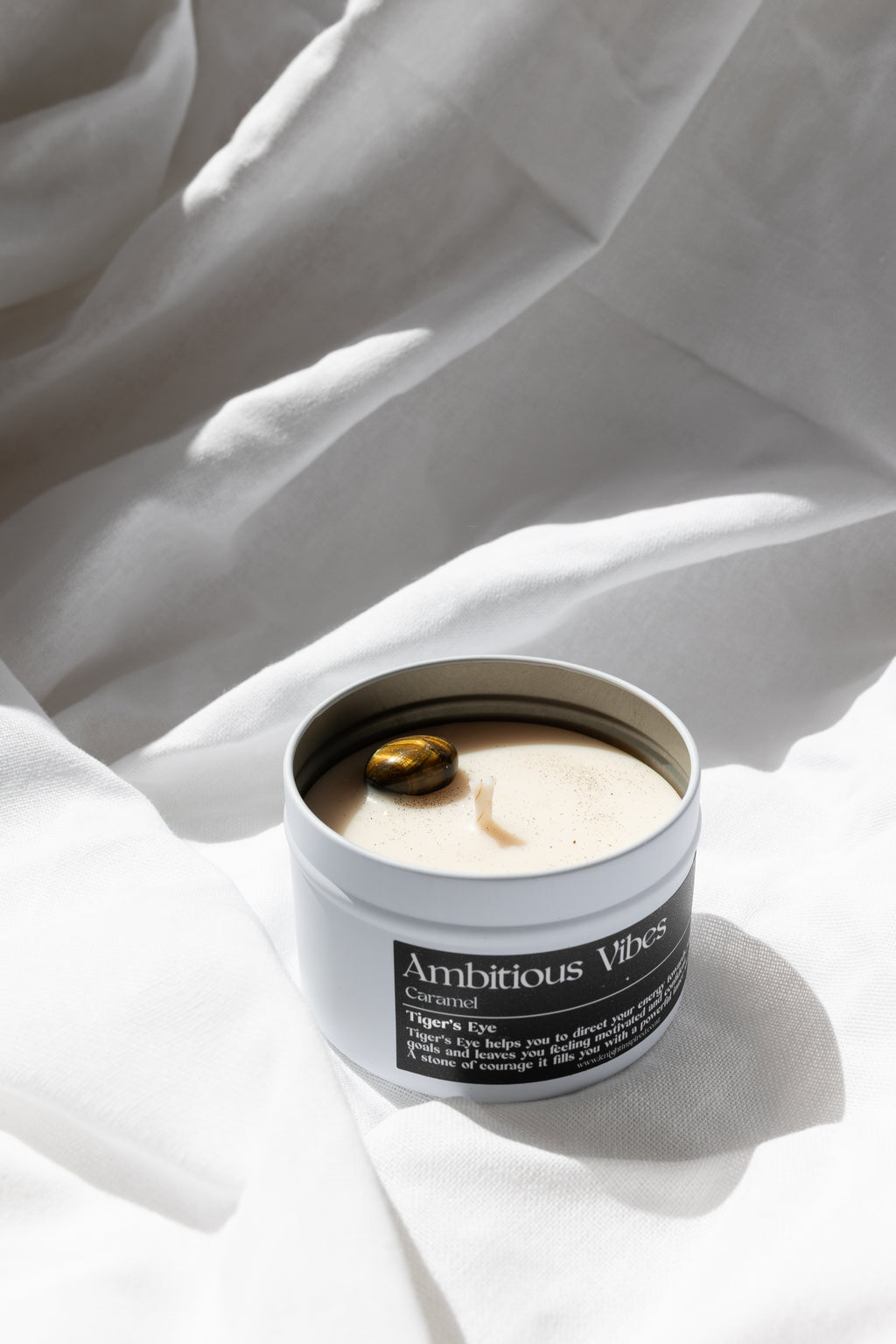 Ambitious Vibes Crystal Candle - Caramel Scented Coco-Soy Candle with Tigers Eye Crystal
