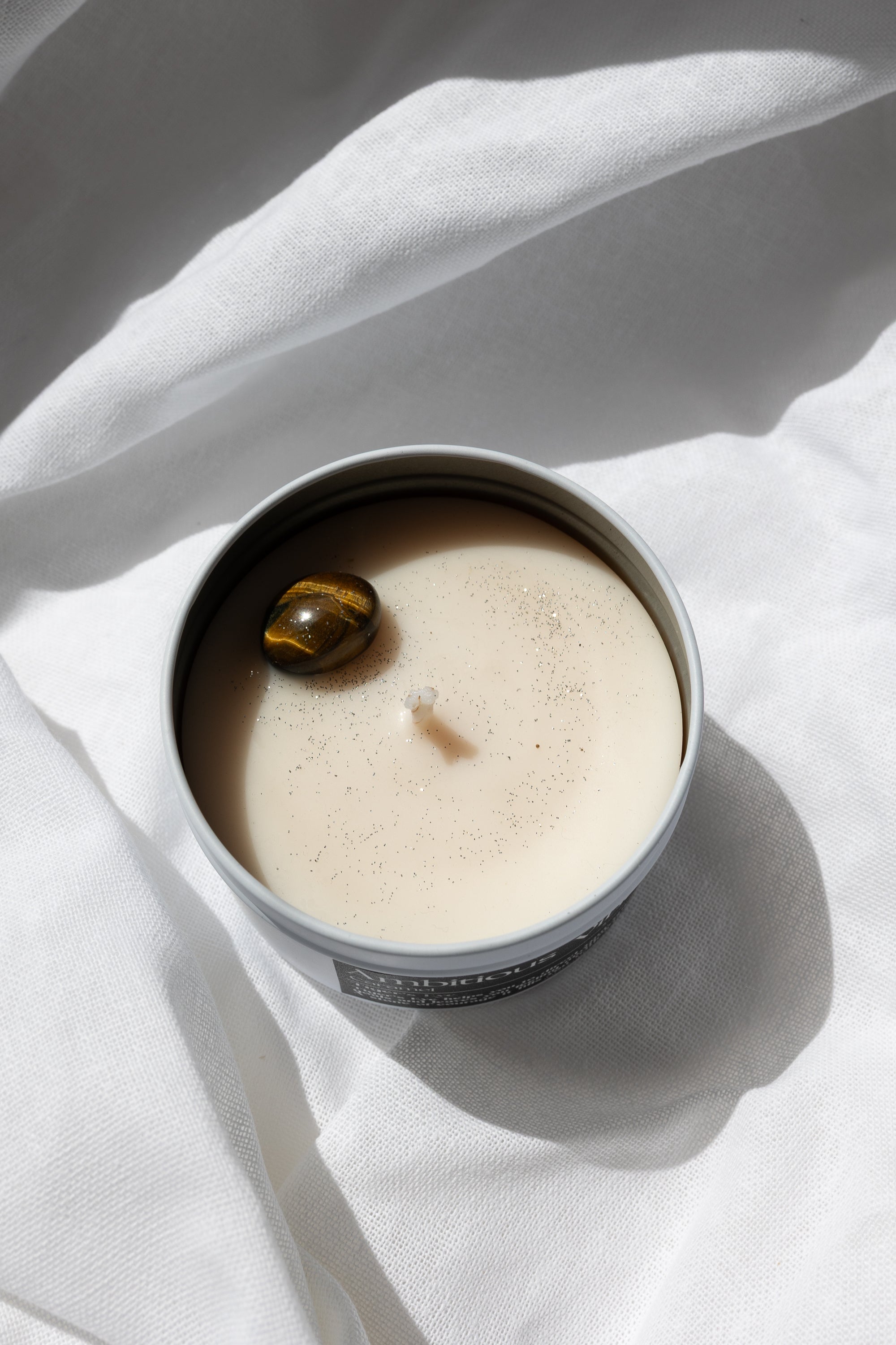 Ambitious Vibes Crystal Candle - Caramel Scented Coco-Soy Candle with Tigers Eye Crystal