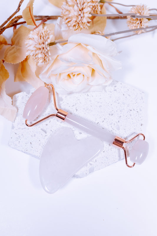 Rose Quartz Crystal Gua Sha & Facial Roller Set