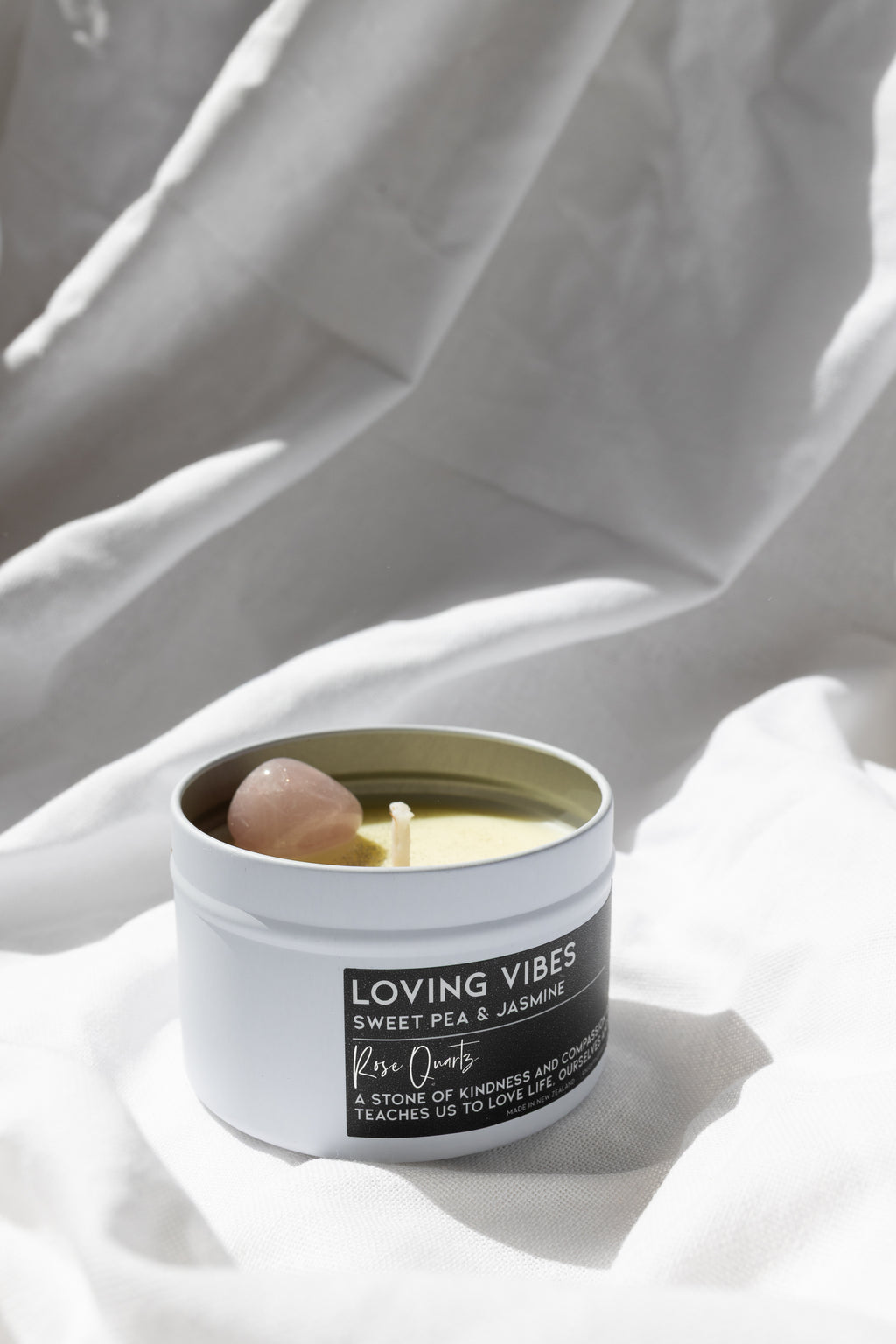 Loving Vibes Crystal Candle - Sweet Pea & Jasmine Scented Coco-Soy Candle with Rose Quartz Crystal