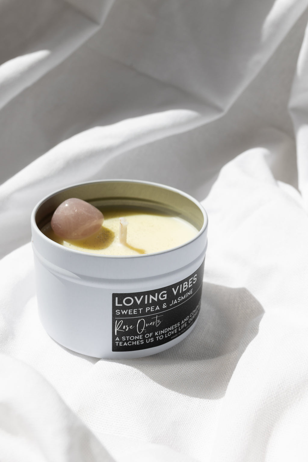 Loving Vibes Crystal Candle - Sweet Pea & Jasmine Scented Coco-Soy Candle with Rose Quartz Crystal