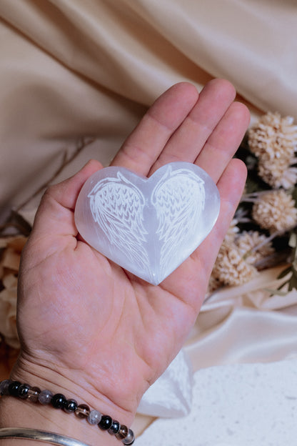 Selenite Angel Wing Heart Carving